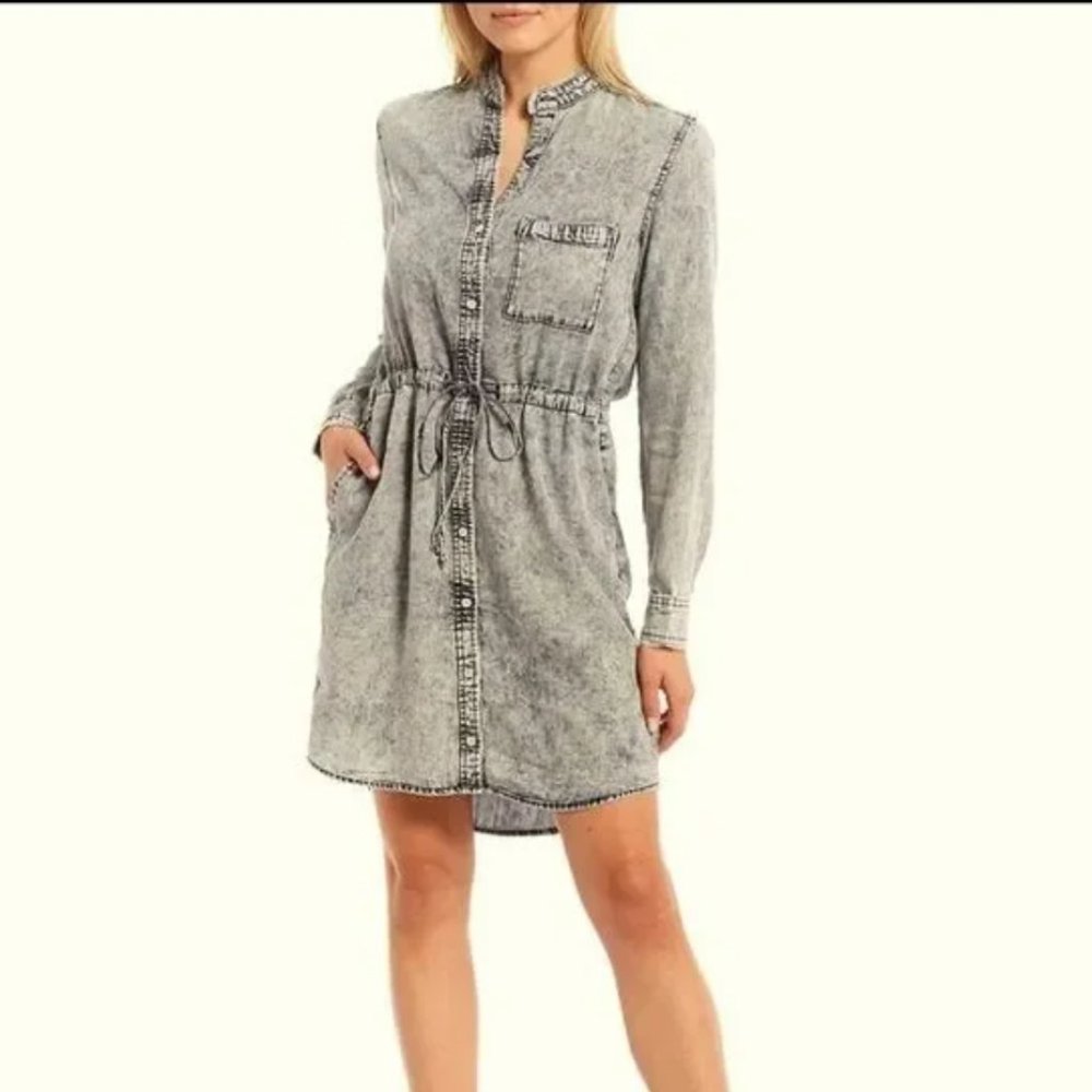 Cloth & Stone Long Sleeve Button Front Acid Wash Drawstring Shirt Dress